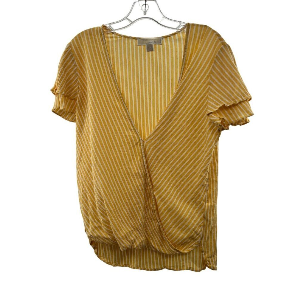 Michael Kors Women's Short Sleeve Surplice Top Yellow/White Stripe Size XS
